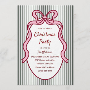 Classic Dark Green Stripes & Pink Bow Christmas  Invitation