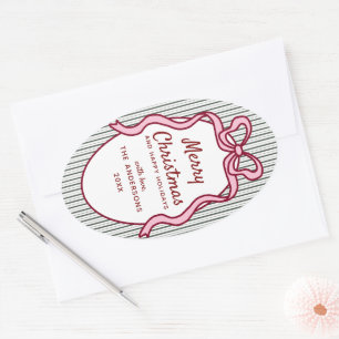 Classic Dark Green Stripes & Pink Bow Christmas Oval Sticker