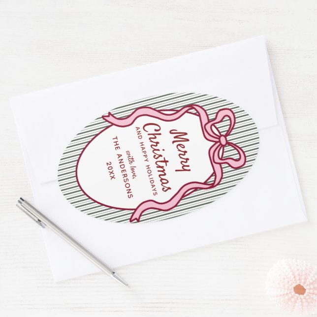 Classic Dark Green Stripes & Pink Bow Christmas Oval Sticker (Envelope)