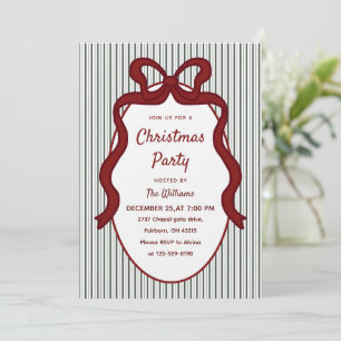 Classic Dark Green Stripes & Red Bow Christmas  Invitation