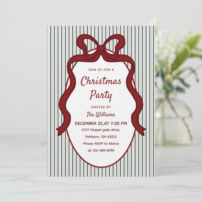 Classic Dark Green Stripes & Red Bow Christmas  Invitation (Standing Front)