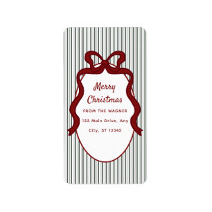 Classic Dark Green Stripes & Red Bow Christmas Label