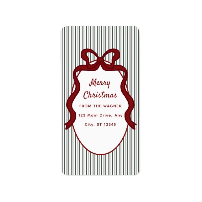 Classic Dark Green Stripes & Red Bow Christmas Label (Front)