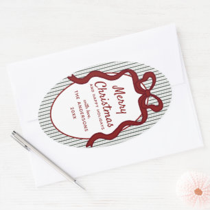 Classic Dark Green Stripes & Red Bow Christmas Oval Sticker
