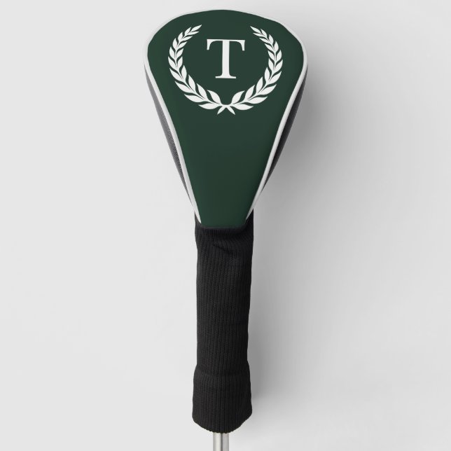 Classic Dark Green & White Initial Laurel Monogram Golf Head Cover (Front)