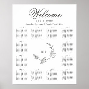 Classic Dark Grey Monogram Wreath Floral Wedding Poster