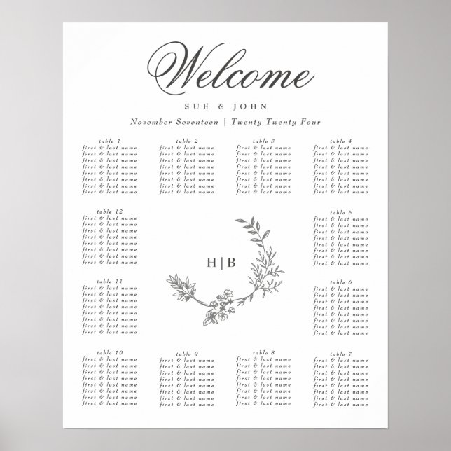 Classic Dark Grey Monogram Wreath Floral Wedding Poster (Front)