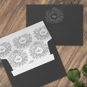 Classic dark grey white monogram art wedding envelope