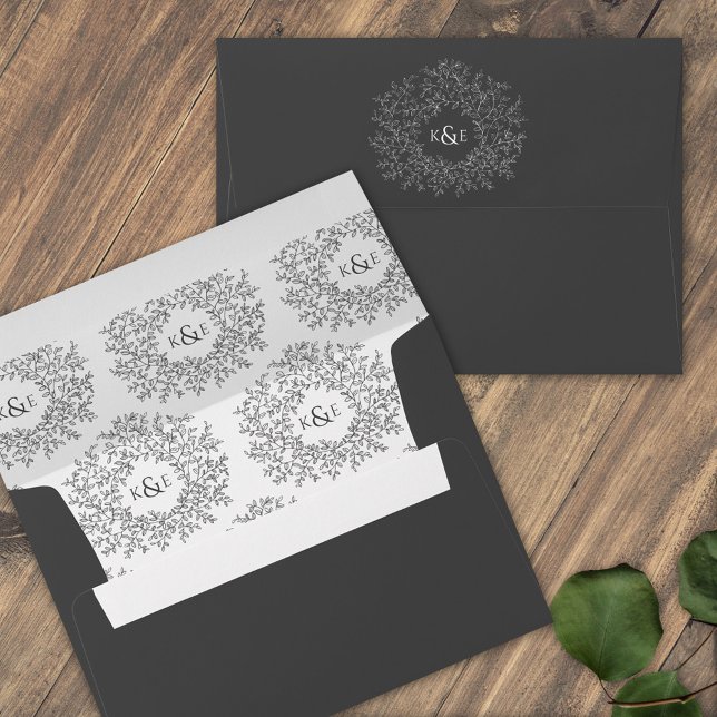 Classic dark grey white monogram art wedding envelope (Creator Uploaded)