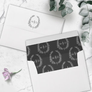 Classic dark grey white monogram wreath wedding envelope