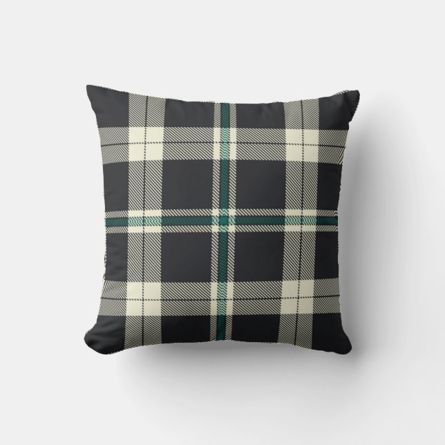 Classic Dark Navy and Green Tartan Plaid Pattern Cushion (Front)