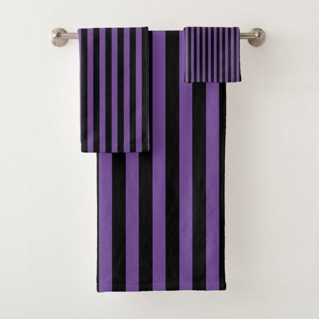 Classic Dark Purple and Black Vertical Stripes Bath Towel Set (Insitu)