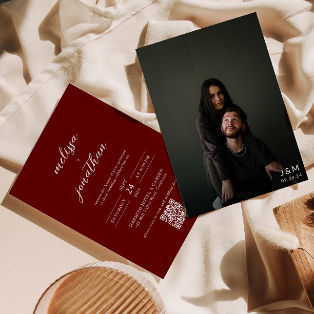 Classic Dark Red Photo Monogram QR Code Wedding Invitation (Creator Uploaded)