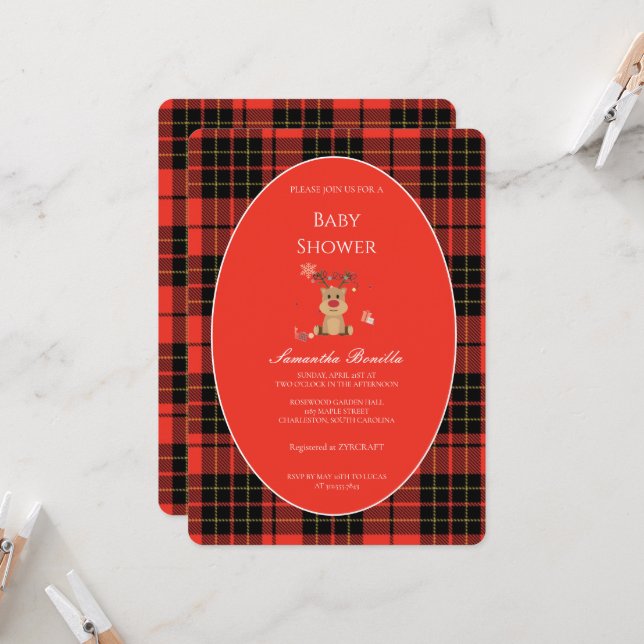 Classic Dark Red Plaid Baby Shower Invitation (Front/Back In Situ)