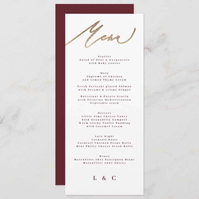 Classic Dark Red Plum Burgundy Calligraphy Wedding Menu (Front/Back)