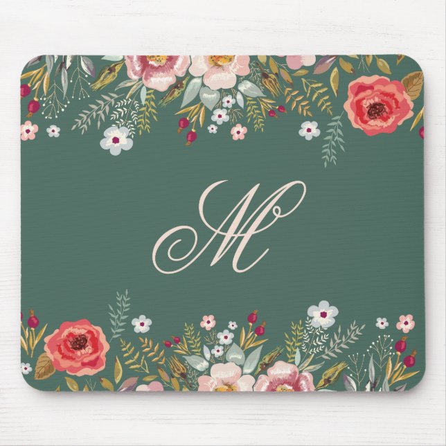 Classic Dark Sage Green Floral Custom Initial Mouse Pad (Front)