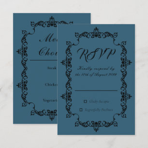 Classic Dark Teal Blue Ornately Framed Wedding RSVP Card