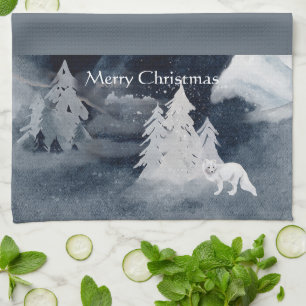 Classic dark winter scene with fox Christmas Tea Towel