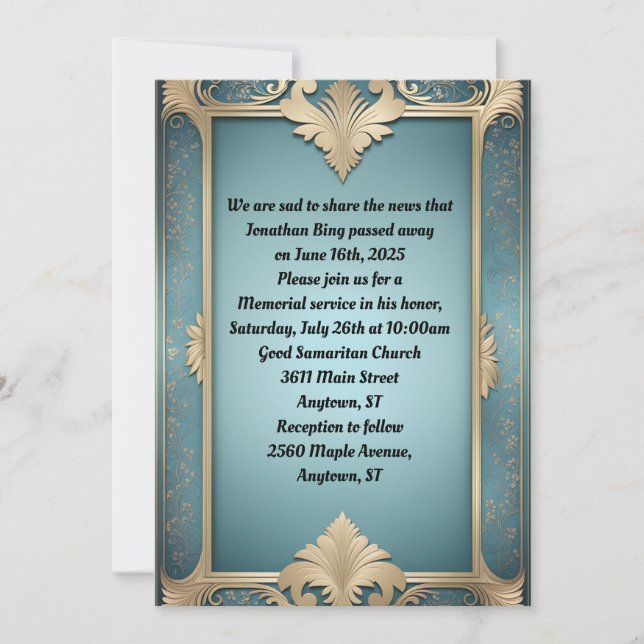 Classic Deco Frame on Turquoise Blue Memorial Invitation (Front)