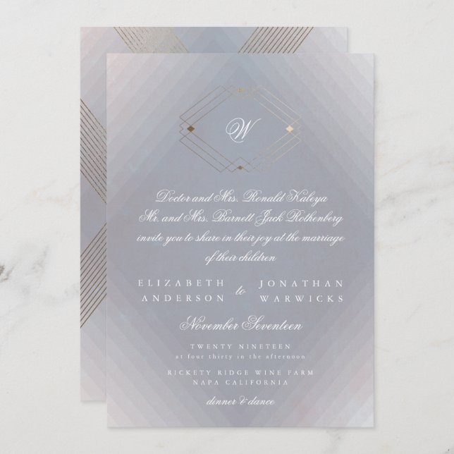 Classic Deco Gold Vintage Grey Calligraphy Wedding Invitation (Front/Back)