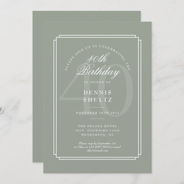 Classic Deco | Sage and White 40th Birthday Invitation (Front/Back)
