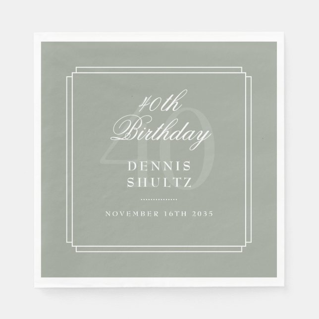 Classic Deco | Sage and White 40th Birthday Napkin (Front)