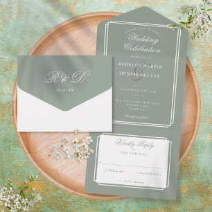 Classic Deco Sage Green Monogram Wedding All In One Invitation