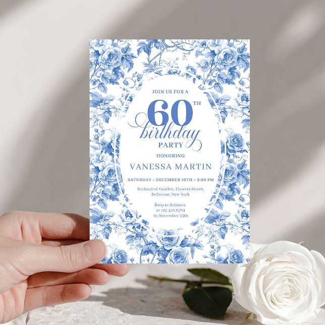 Classic Deep Blue Floral Toile 60th Birthday Invit Invitation (Classic Deep Blue Floral Toile 60th Birthday Invite)