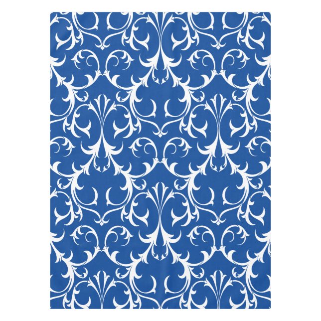 Classic Deep Blue & White Damask Floral  Tablecloth (Front)