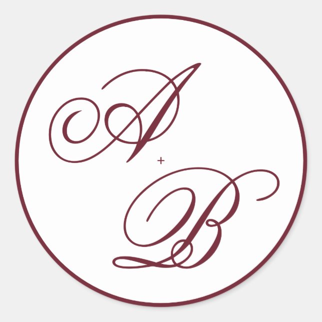 Classic Deep Burgundy Monogram Script Wedding Round Sticker (Front)