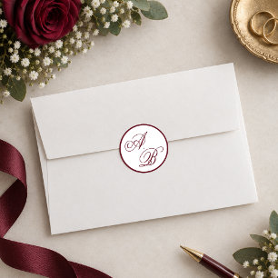 Classic Deep Burgundy Monogram Script Wedding Round Sticker