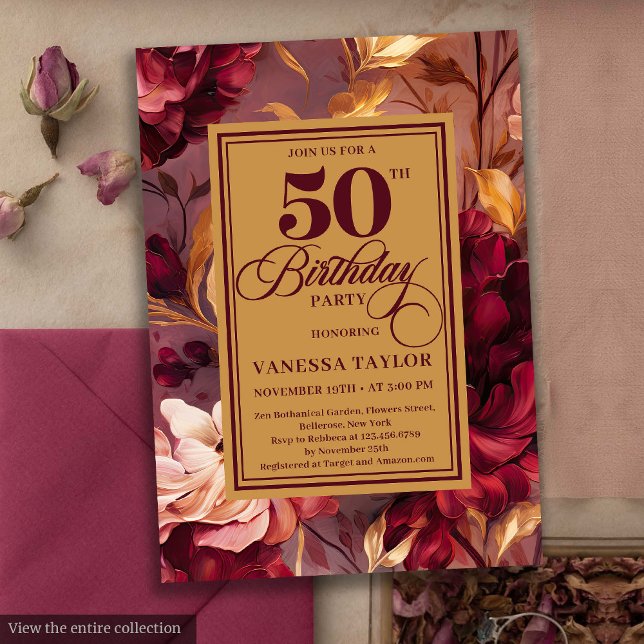 Classic deep red blush gold floral 50th birthday  invitation (Classic deep red blush gold floral 50th birthday invite

)