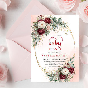 Classic Deep Red Floral Eucalyptus Baby Shower  Invitation