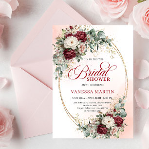 Classic Deep Red Floral Eucalyptus Bridal Shower Invitation