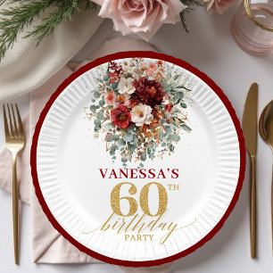 Classic Deep Red Gold Autumn 60th Birthday Paper   Plate