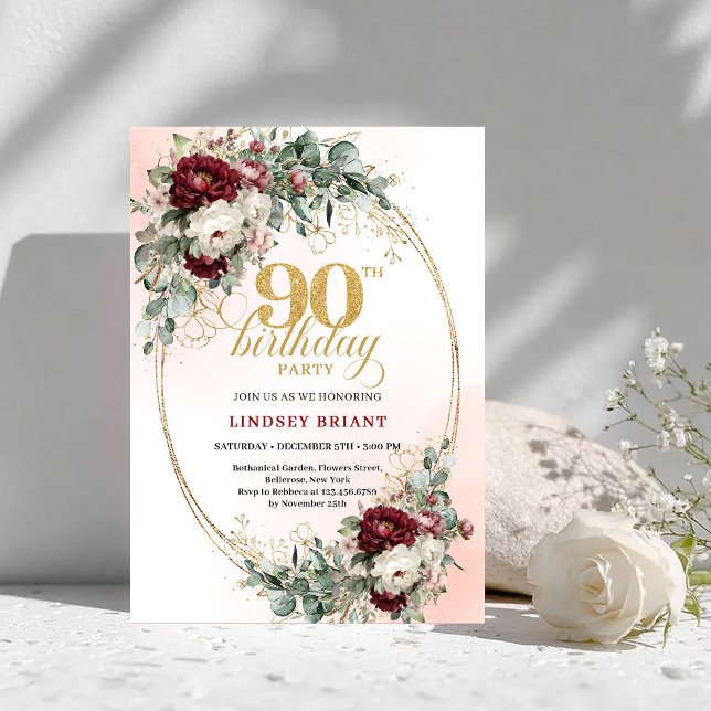 Classic Deep Red Peonies Gold 90th Birthday Invite (Classic Deep Red Peonies Gold 90th Birthday Invitation)