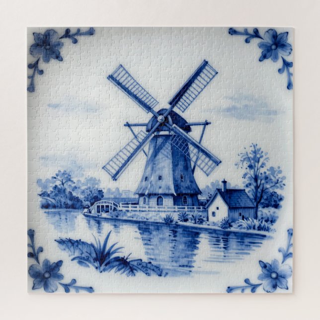 Classic Delft Blue Windmill Canal Scene Jigsaw Puzzle (Vertical)