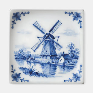 Classic Delft Blue Windmill Canal Scene Magnet