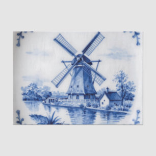 Classic Delft Blue Windmill Canal Scene Tissue Paper