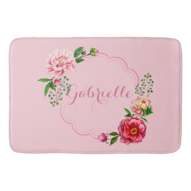 Classic Design: Pretty Pink Floral Frame Bath Mat (Front)