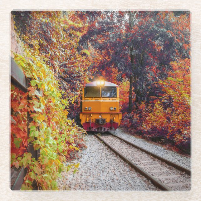 Classic Diesel Train Engine in the Fall Glass Coaster (Front)
