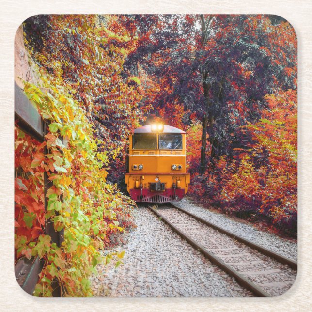 Classic Diesel Train Engine in the Fall Square Paper Coaster (Front)