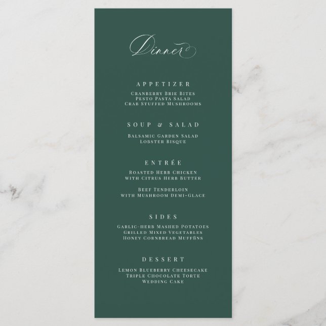 Classic Dinner Menu Wedding Reception Meal Card (Front)