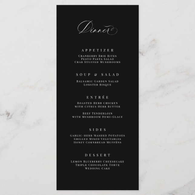 Classic Dinner Menu Wedding Reception Meal Card (Front)