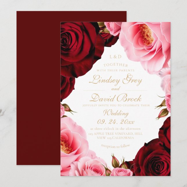 Classic Divine Blush Burgundy Rose Wedding Invitation (Front/Back)