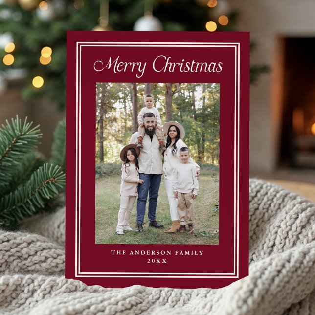 Classic Double Border Frame Cranberry 2 Photo Holiday Card (Creator Uploaded)