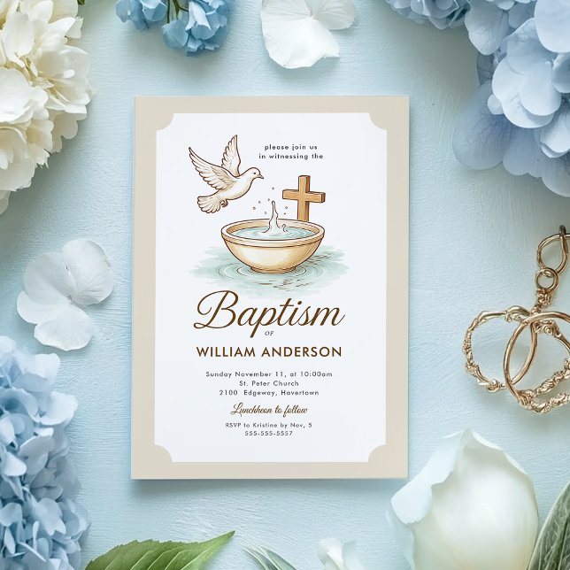Classic Dove & Cross Baptism Invitation (Inviting design with dove, cross, and baby accessories.)