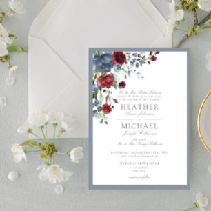 Classic Dusty Blue Burgundy Watercolor Floral Invitation