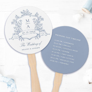 Classic Dusty Blue Crest Wedding Ceremony Timeline Hand Fan