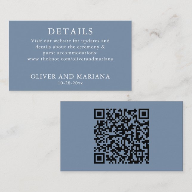 Classic Dusty Blue Details QR Code Wedding Enclosure Card (Front/Back)